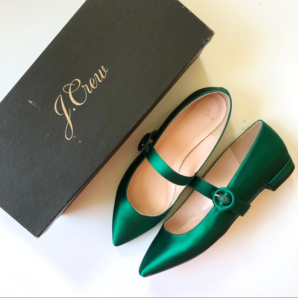 NWT J. Crew Pointed Satin Mary Jane Flats Emerald